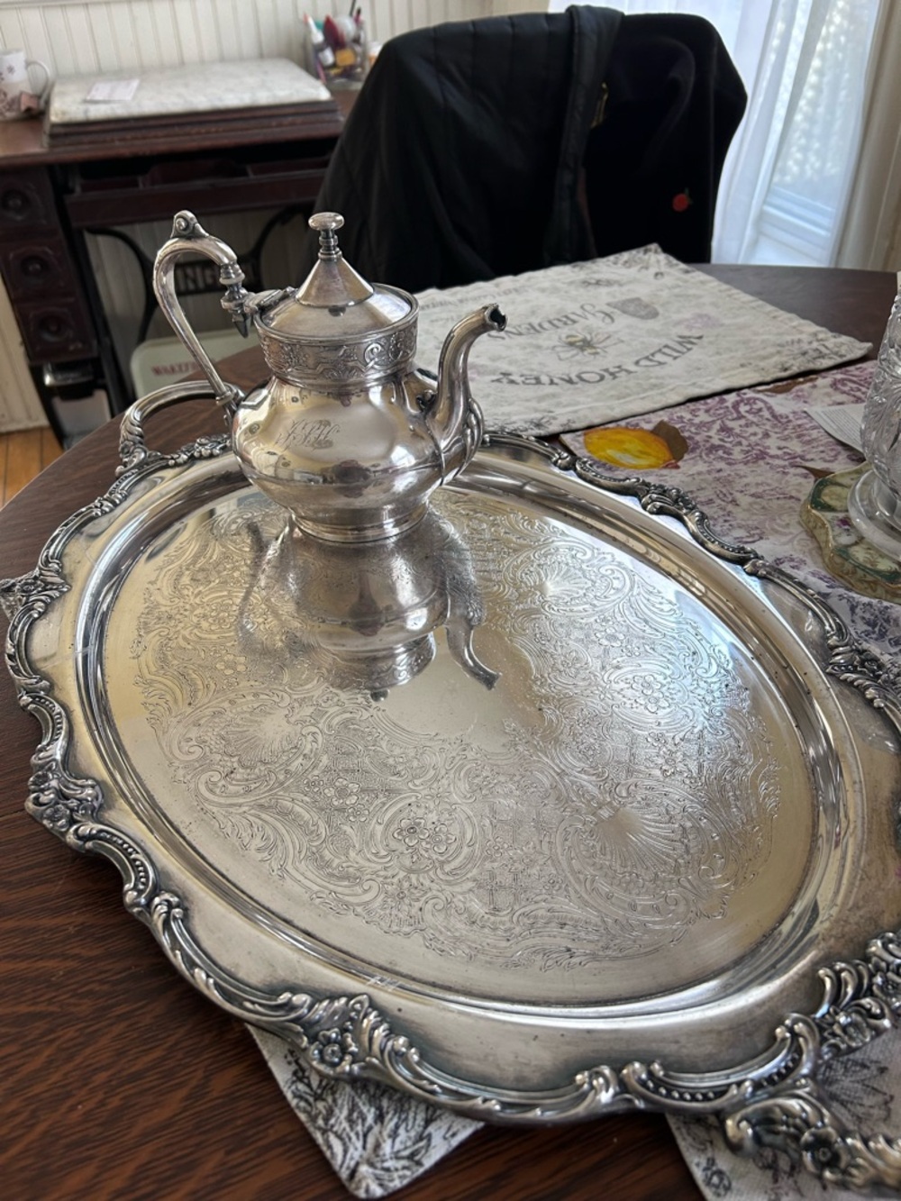 Engraved Silver-Effect Tea Set with Decorative Serving Tray Victorian engraved
